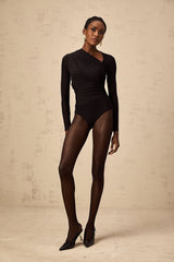 A black bodysuit with an asymmetric split design featuring a oneshoulder neckline and formfitting silhouette named Fachtna