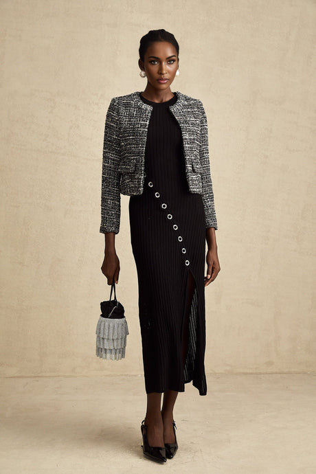 A black bouclé tweed jacket with a classic silhouette named Éloïse