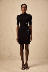 A black fineknit mini dress with decorative buttons featuring a design named Wanda