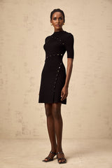 A black fineknit mini dress with decorative buttons named Wanda