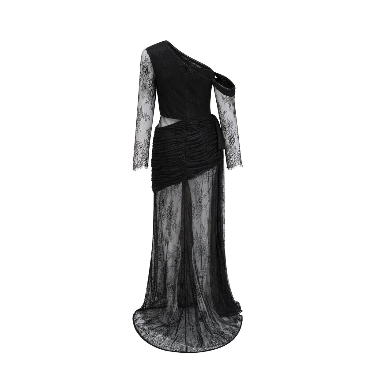 A black floorlength maxi dress with a single shoulder strap and a cutout detail worn by a model against a plain background