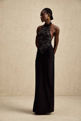 A black floral lace maxi dress with halter neck style featuring Camille design