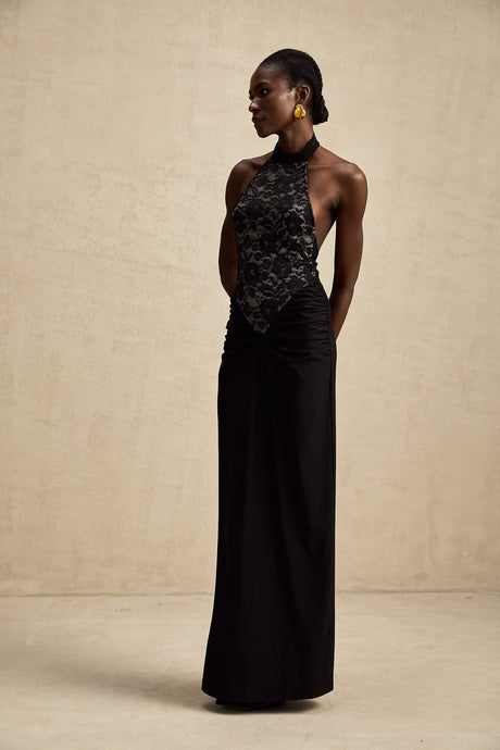 A black floral lace maxi dress with halter neck style featuring Camille design