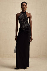 A black floral lace maxi dress with halter neckline named Camille