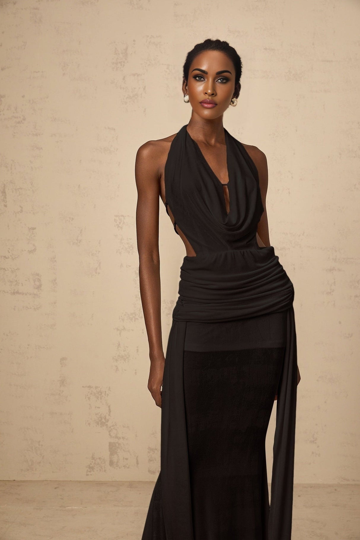 A black halterneck maxi dress with a backless design hanging on display
