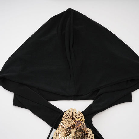 A black hooded maxi dress with floral applique details named Axelle