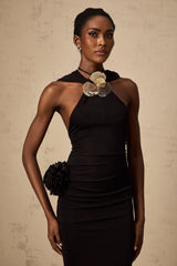 A black hooded maxi dress with floral applique details named Axelle