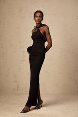 A black hooded maxi dress with floral applique details named Axelle