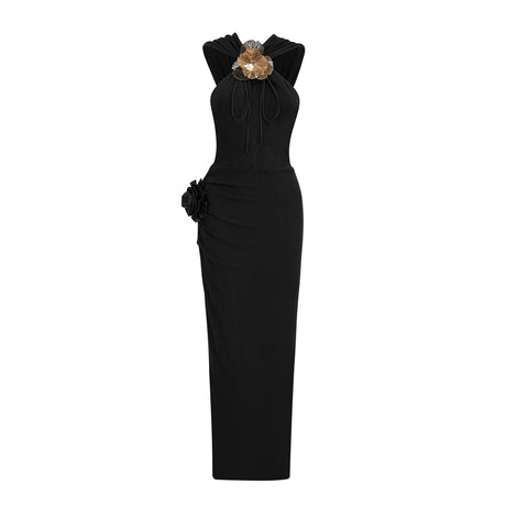 A black hooded maxi dress with floral applique details named Axelle