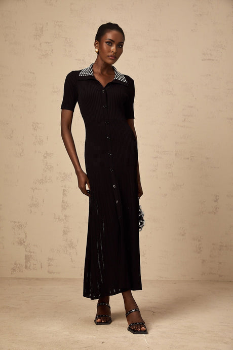 A black knit midi dress with studded embellishments named Laetitia