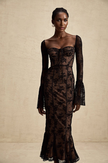 A black lace maxi dress with flared Marlene style design and full length skirt