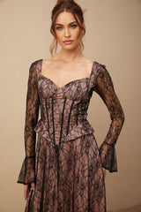A black lace midi dress with a flared skirt worn by a model standing against a plain background