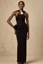 A black maxi dress with a hood featuring floral appliques named Axelle