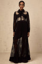 A black maxi dress with pleated skirt and floral lace panels named Segolene