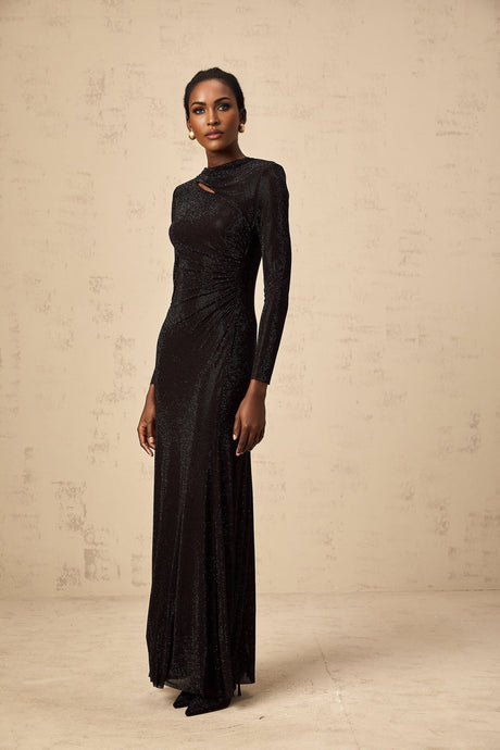 A black maxi dress with ruched mesh fabric and rhinestone embellishments