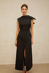 A black midi dress with an open back and deconstructed design named Leonore