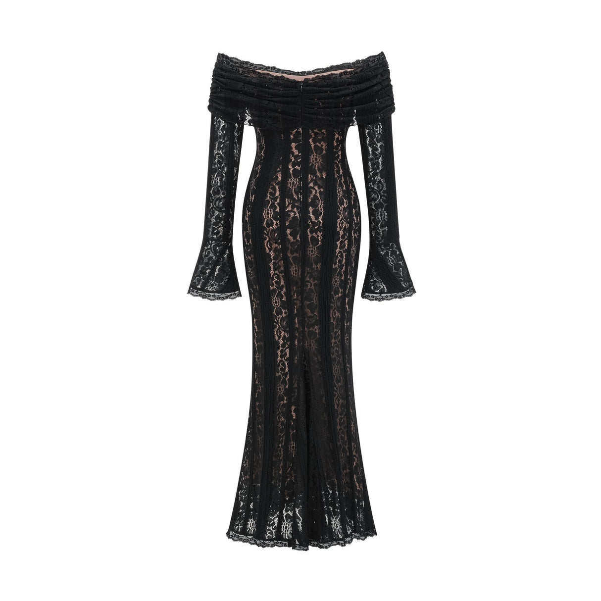 A black midi dress with floral lace detailing and flared cuffs named Emeline shown on a model or mannequin