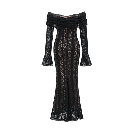 A black midi dress with floral lace detailing and flared cuffs named Emeline shown on a model or mannequin