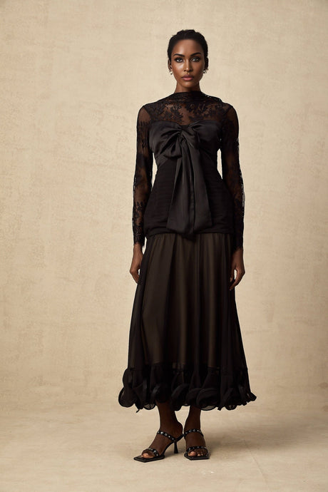 A black midi dress with floral lace panels named Amelie