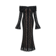 A black midi dress with floral lace pattern and flared cuffs named Émeline