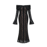 A black midi dress with floral lace pattern and flared cuffs named Émeline