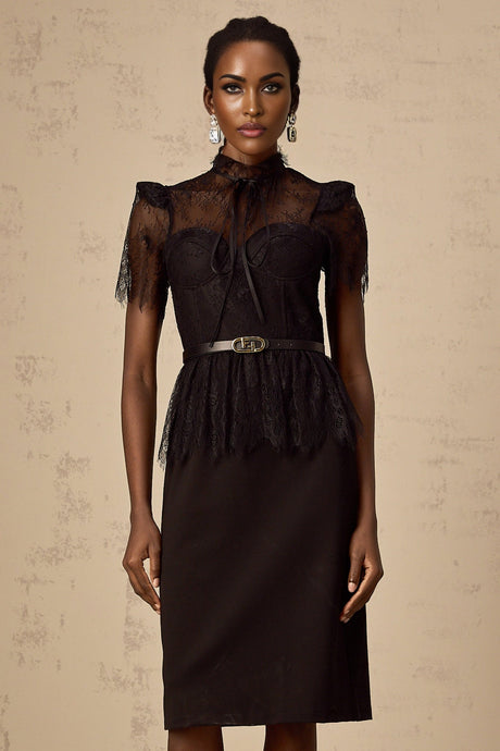 A black midi dress with guipure lace panels featuring a sleeveless design and fitted silhouette without a belt
