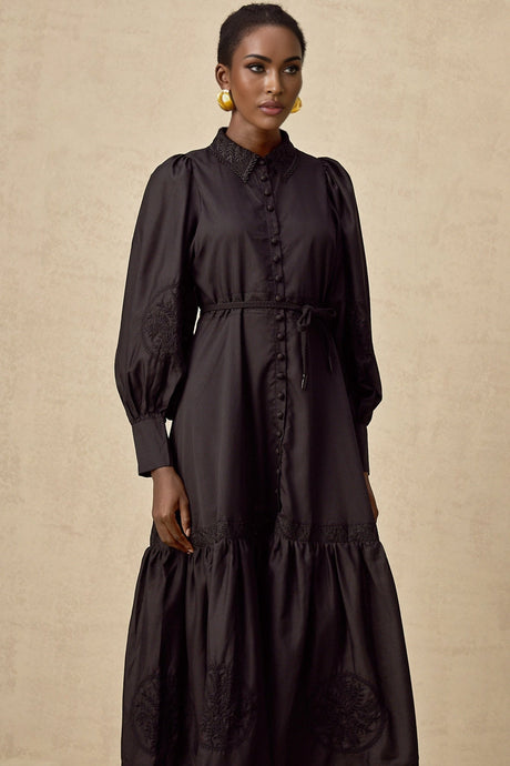 A black midi dress with lace embroidery details named Arcadia