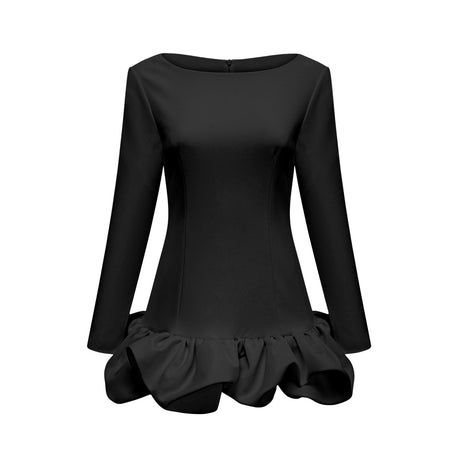 A black mini dress with a bubble skirt and short sleeves on a mannequin against a plain background