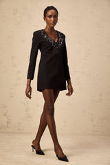A black mini dress with a plunging V neckline adorned with crystal embellishments featuring a fitted silhouette and short hemline