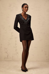A black mini dress with a plunging V neckline adorned with crystal embellishments featuring a short hemline and formfitting silhouette