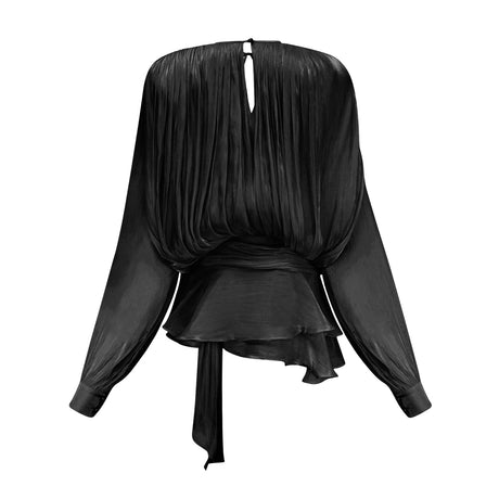 A black mini dress with full pleats and ruffled details named Eugenie