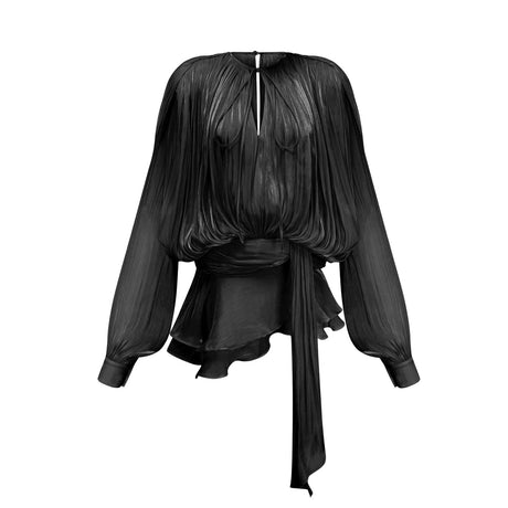 A black mini dress with full pleats and ruffles named Eugenie featuring a short hemline and feminine details