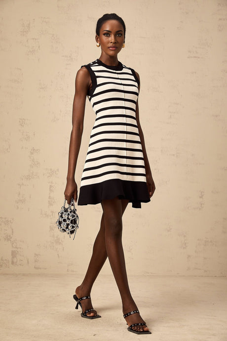 A black mini dress with horizontal stripes in a knit fabric The dress features a simple design and a short length