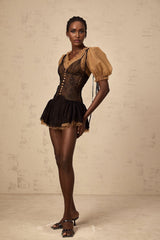 A black mini dress with lace panels featuring a sleek design and delicate detailing