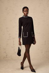 A black mini dress with long sleeves adorned with crystal embellishments featuring a fitted silhouette and short hemline