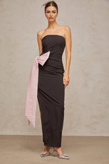A black offshoulder maxi dress with a bow detail named Gabrielle
