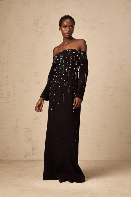A black offshoulder maxi dress with crystal embellishments named Gabrielle