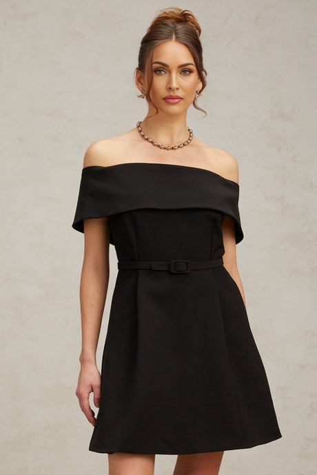 A black offshoulder mini dress with a belted waist featuring a formfitting silhouette and short hemline