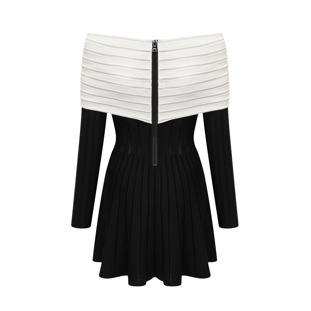 A black offshoulder mini dress with a bow detail and knit fabric featuring a formfitting silhouette