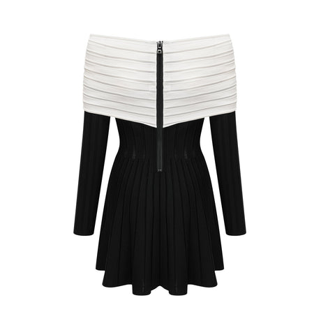 A black offshoulder mini dress with a bow detail and knit fabric featuring a formfitting silhouette