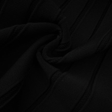 A black offshoulder mini dress with a knit texture and a bow detail