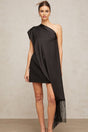 A black oneshoulder mini dress suitable for Valentines Day featuring a sleek and elegant design with a fitted silhouette and asymmetrical neckline