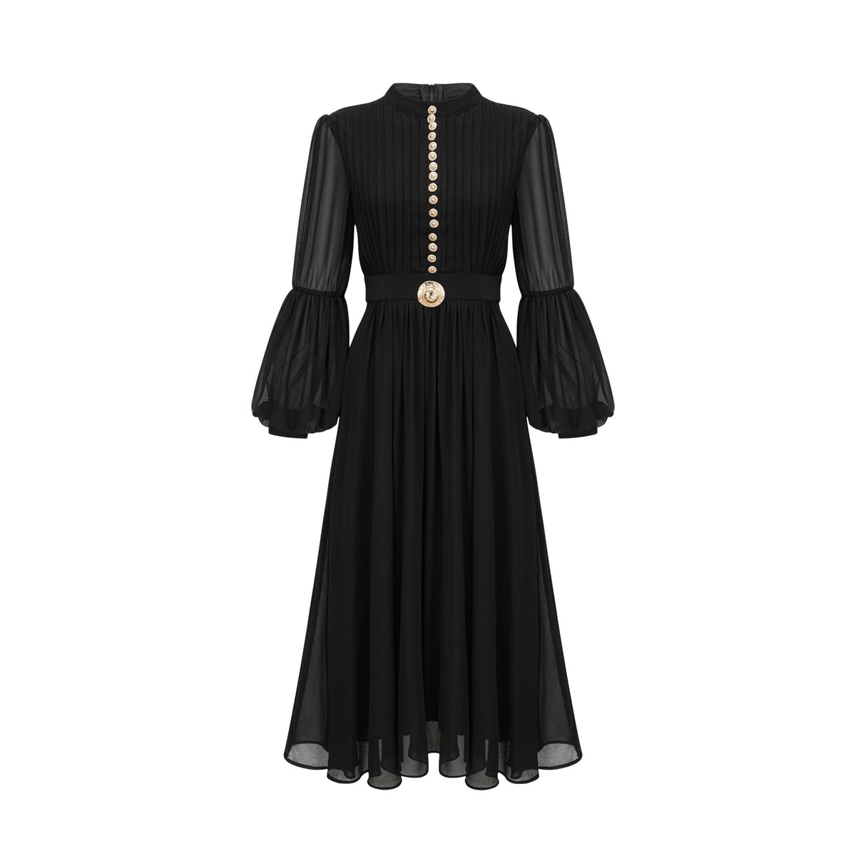 A black pleated midi dress with a buttonfront design featuring long sleeves and a flowing silhouette