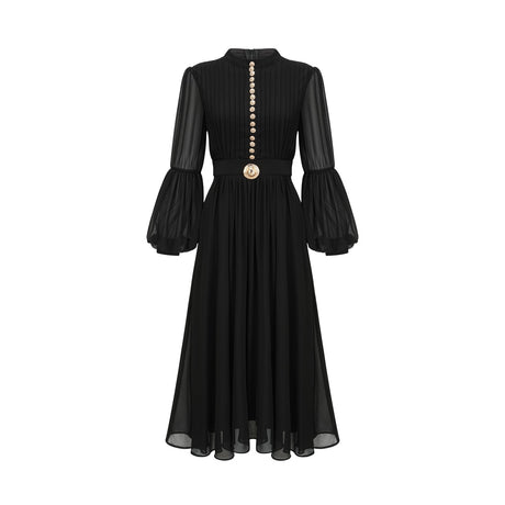 A black pleated midi dress with button front closure and long sleeves