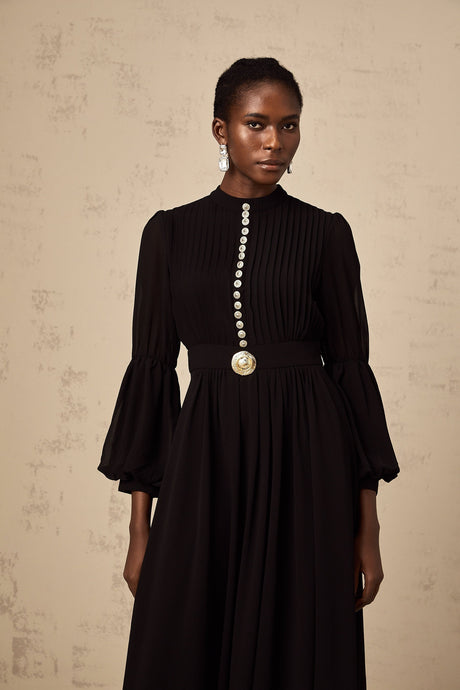 A black pleated midi dress with button front detail and the name Viviane