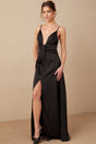 A black satin maxi dress with a V neckline and a front slit named Blanche