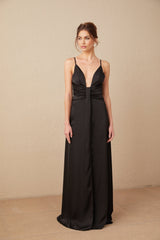 A black satin maxi dress with a V neckline and front slit named Blanche