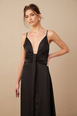 A black satin maxi dress with a V neckline and front slit named Blanche