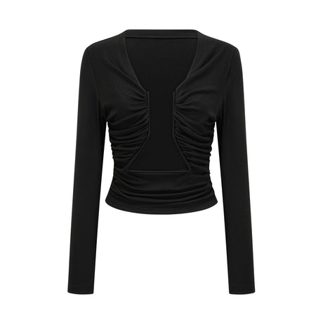 A black sleeveless top with an open front design and gathered fabric details