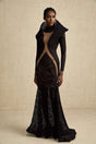 A black structured fishtail maxi dress with a split detail named Ines
